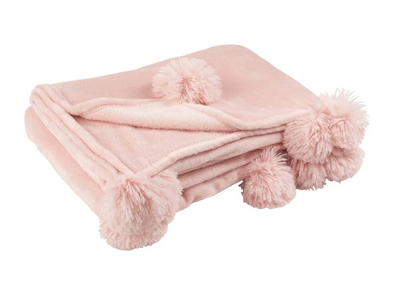Plaid Déco à Pompons "Polyes" 130x170cm Rose Poudré
