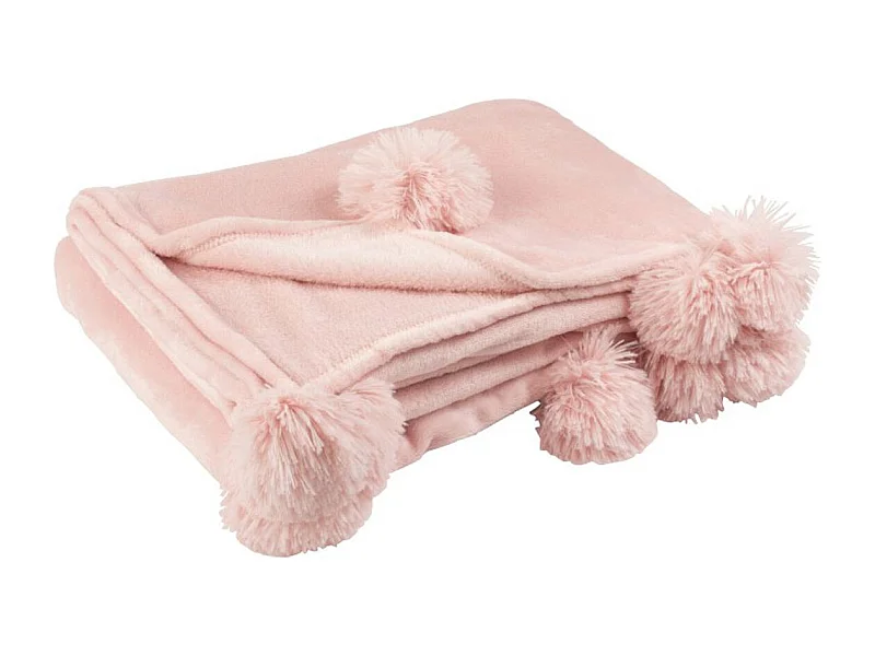 Plaid Déco à Pompons "Polyes" 130x170cm Rose Poudré