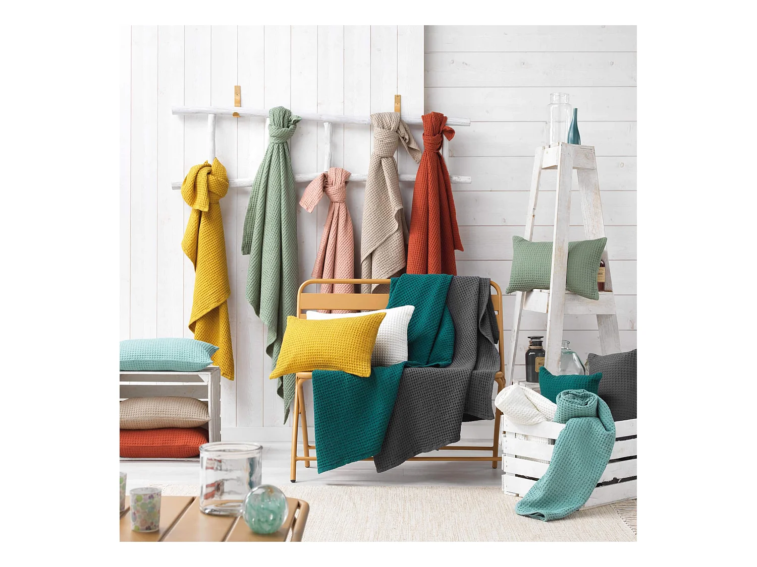 Plaid Nid d'Abeille Uni "Gaufrette" 125x150cm Pétrole