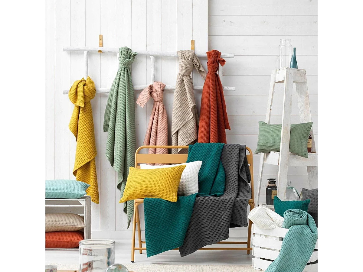 Plaid Nid d'Abeille Uni "Gaufrette" 125x150cm Pétrole