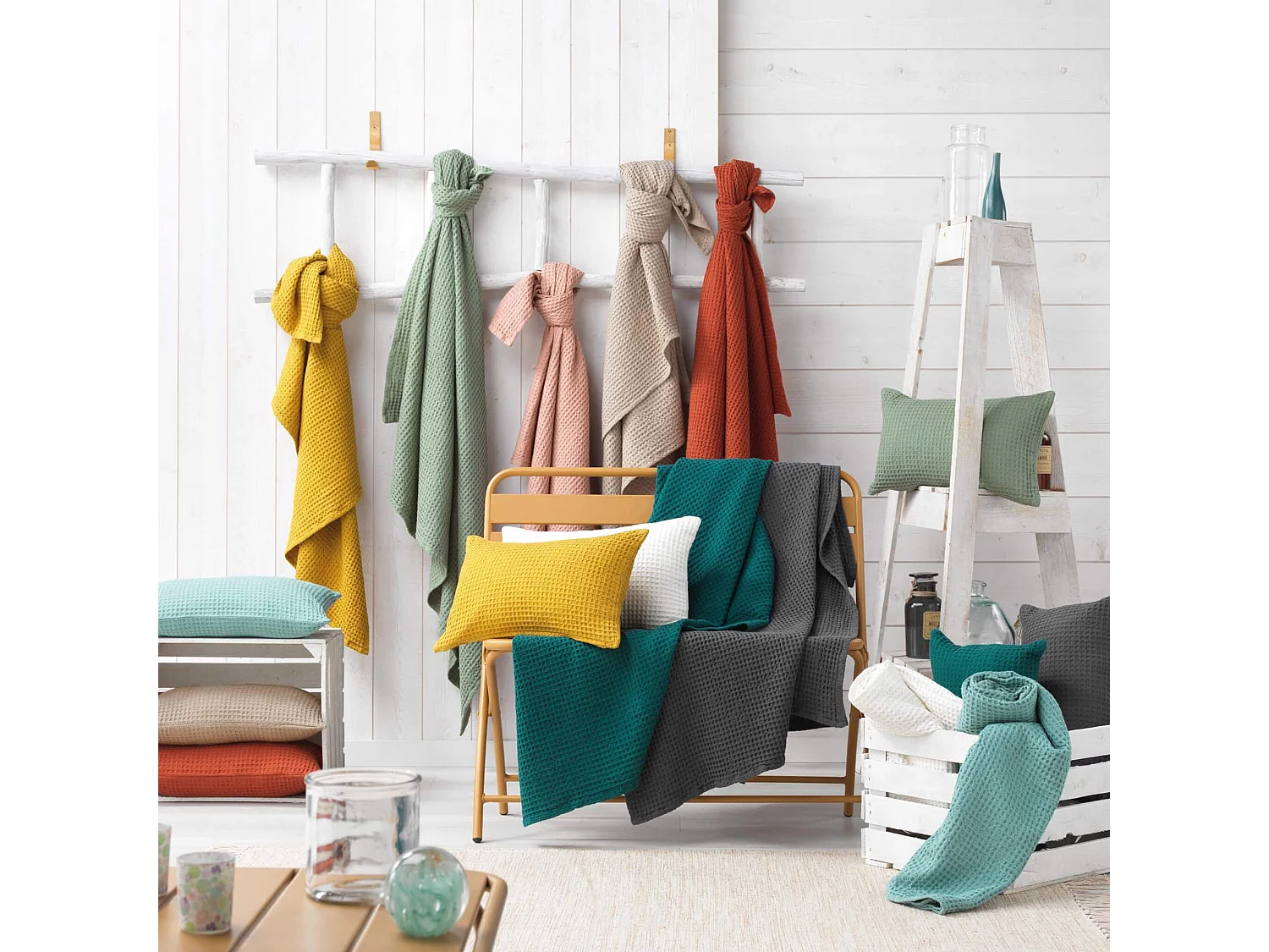 Plaid Nid d'Abeille Uni "Gaufrette" 125x150cm Pétrole