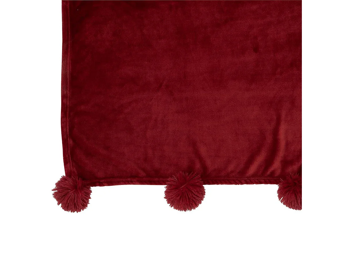 Manta de poliéster roja con pompones 170x130x1 cm