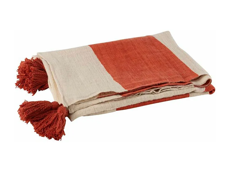 Plaid Déco à Pompons "Rayures" 130x170cm Corail