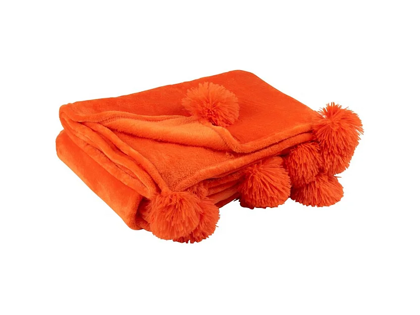 Plaid Déco à Pompons "Polyes" 130x170cm Orange Vif