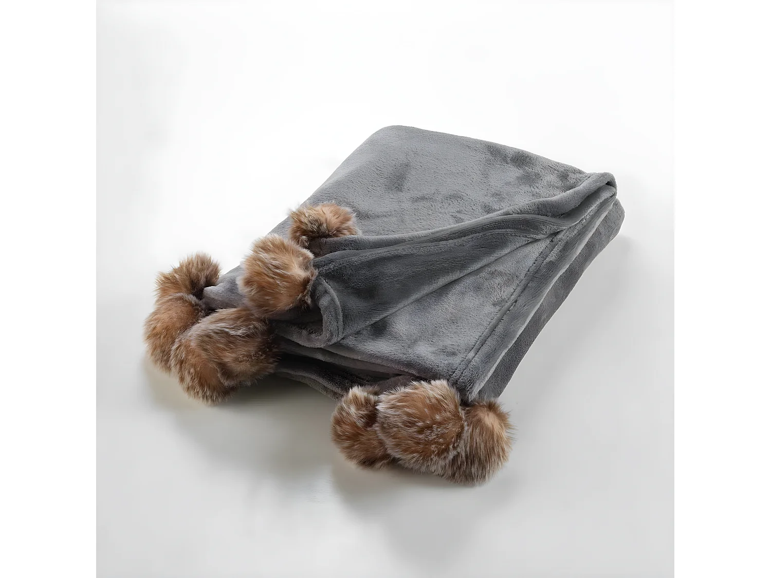 Plaid Flanelle Pompons "Snowy" 125x150cm Gris