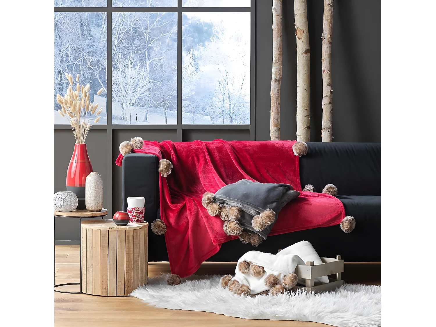 Plaid Flanelle Pompons "Snowy" 125x150cm Gris