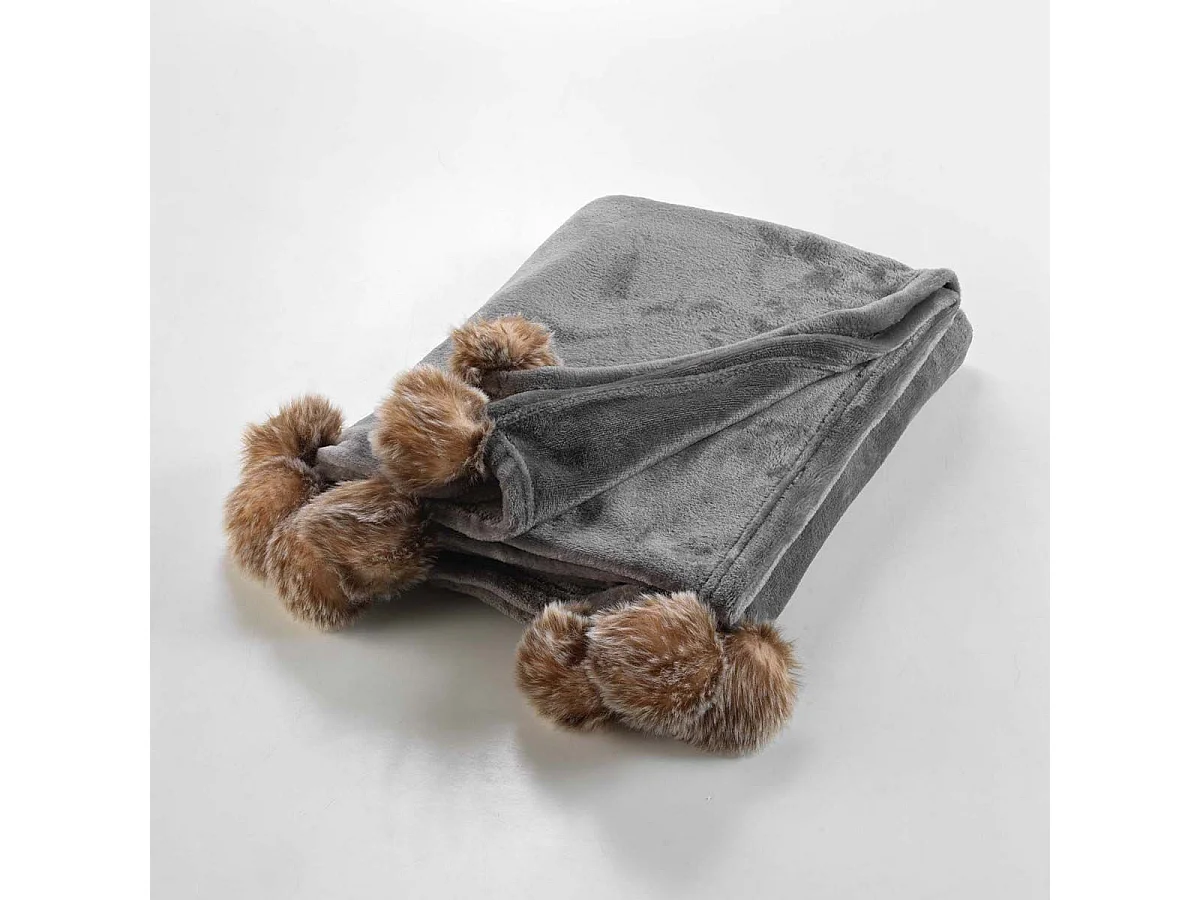 Plaid Flanelle Pompons "Snowy" 125x150cm Gris