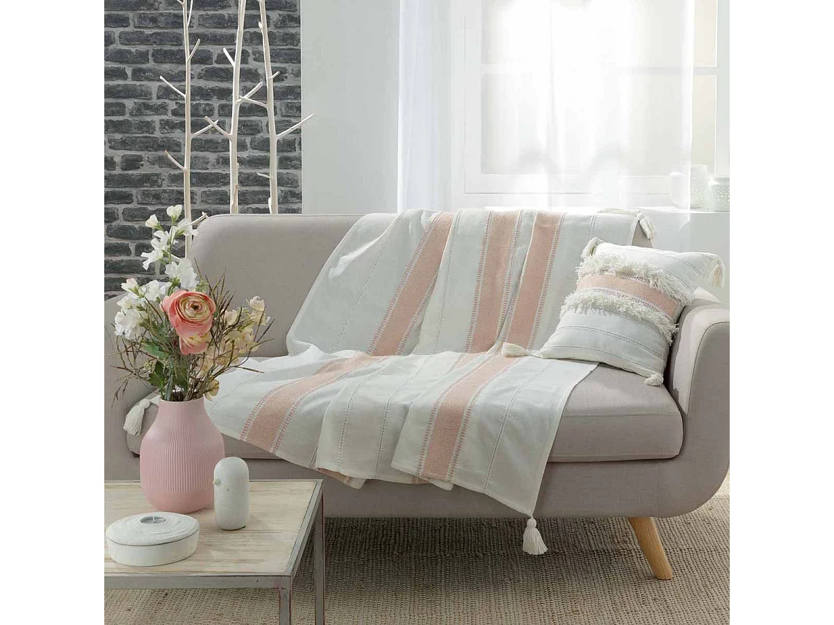 Plaid à Pompons "Indira" 125x150cm Rose