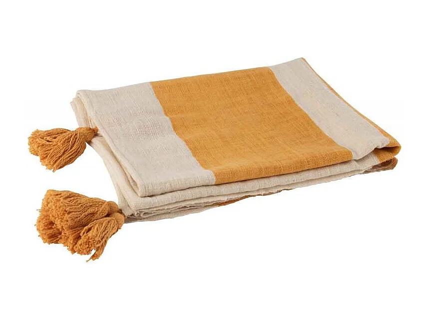 Plaid Déco à Pompons "Rayures" 130x170cm Ocre