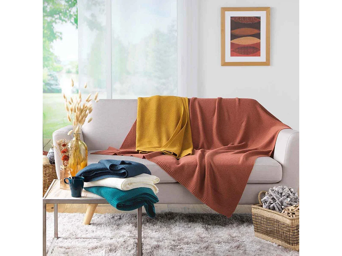 Plaid Déco Uni "Tricotine" 125x150cm Ocre