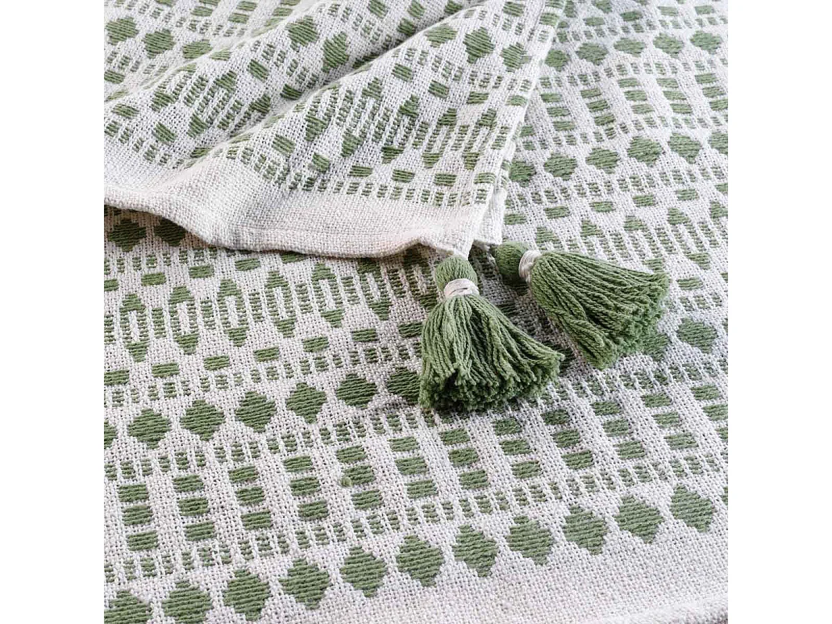Plaid Déco à Pompons "Maldives" 125x150cm Kaki