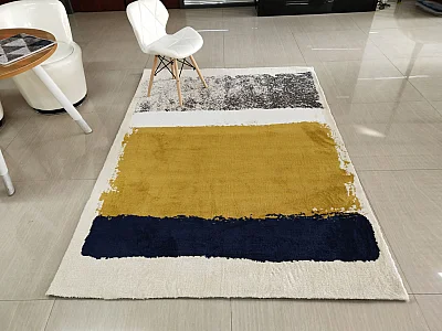 Vloerkleed - 160 x 230 cm - Mosterdgeel, marineblauw, grijs - CAMDEN