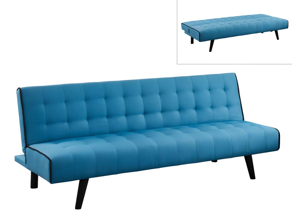 Klappsofa 3-Sitzer Stoff BAYOU - Blau mit schwarzer Ziernaht