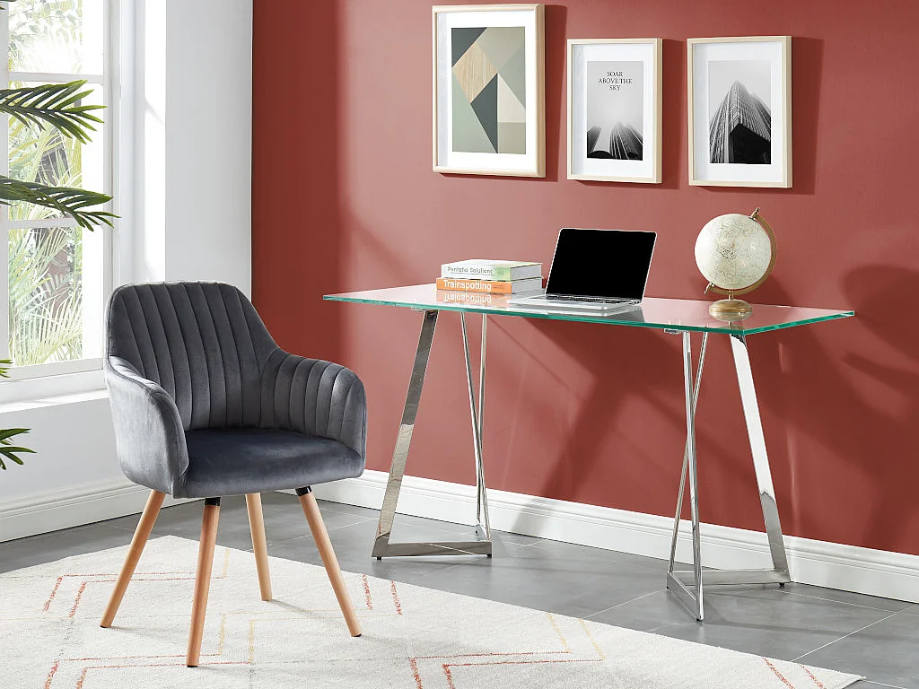 Chaise avec accoudoirs en velours et pieds bois de hêtre - Gris - ELEANA