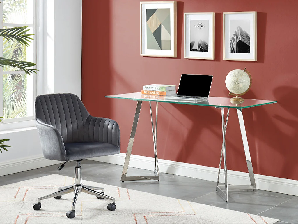 Chaise de bureau - Velours - Gris et argenté - Hauteur réglable - ELEANA