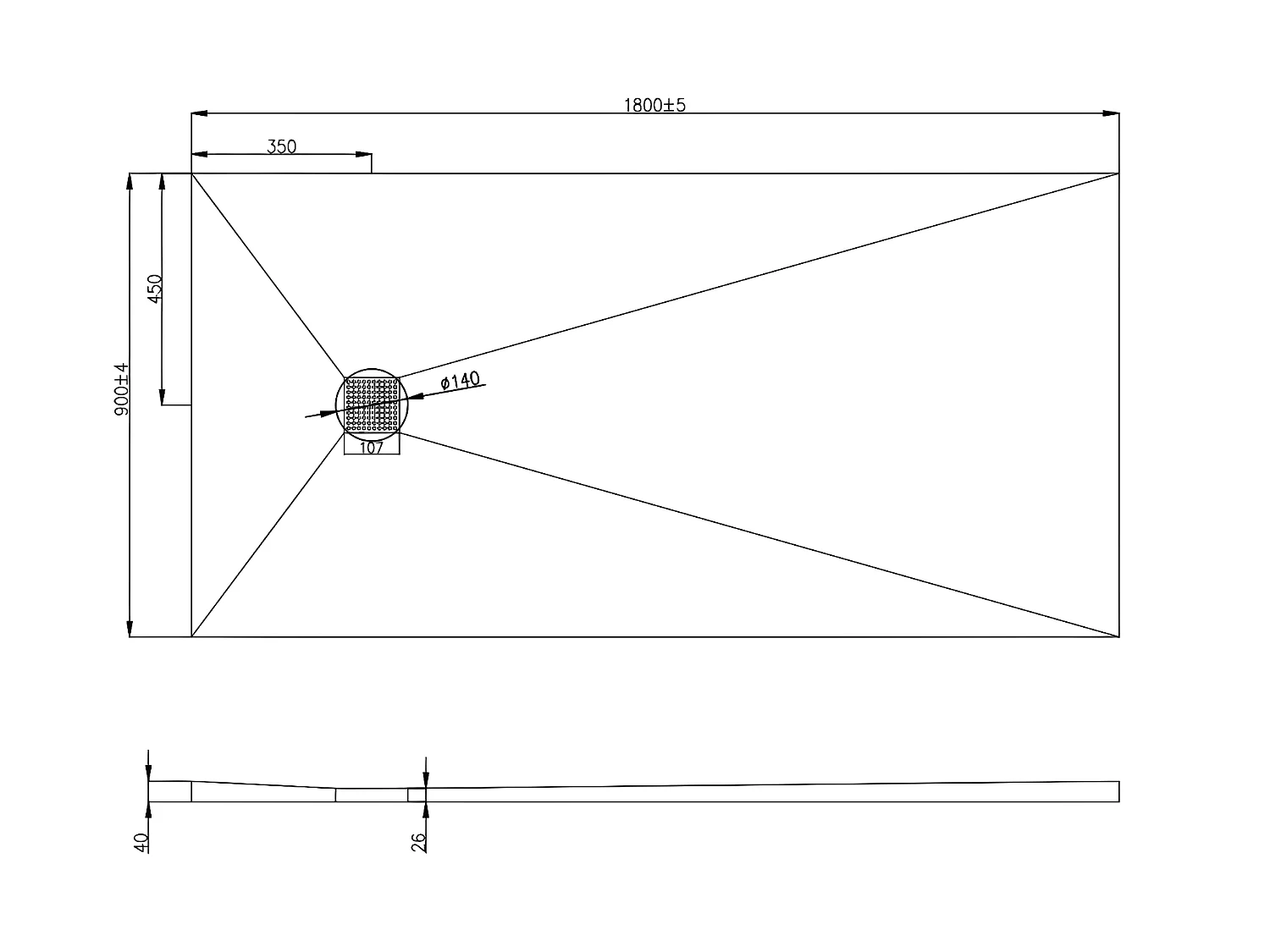 Duschtasse zum Selbstgestalten - nachschneidbar - extrudiertes Polystyrol - mit Siphon - 180 x 90 x 4 cm - DELOS