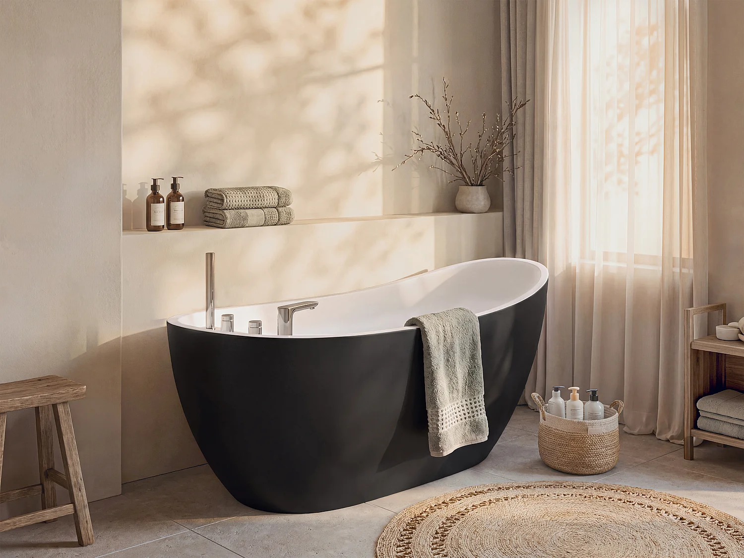 Baignoire îlot avec robinetterie - 170*75*73cm - Noire - 282 L - NATALIA