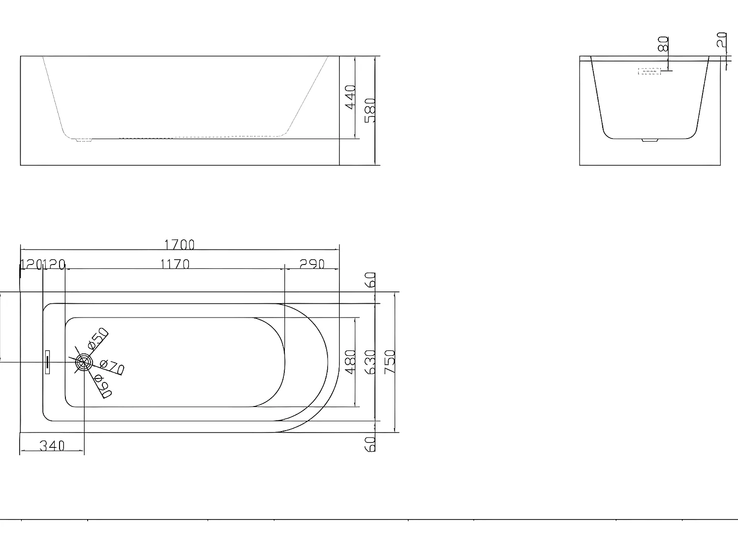 Baignoire d'angle - 240L - 170 x 75 x 58 cm - Blanche - Angle gauche - ANIKA