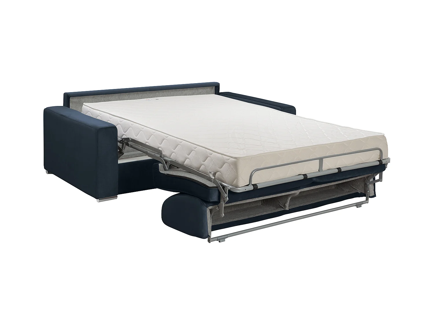 Canapé 2 places convertible express en velours bleu nuit - Couchage lattes larges 120 cm - Matelas 18 cm CALITO