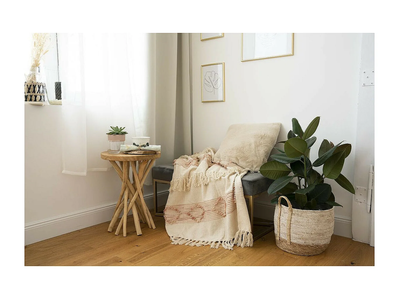 Plaid Tissé à la Main "Bohist" 130x170cm Rose & Crème