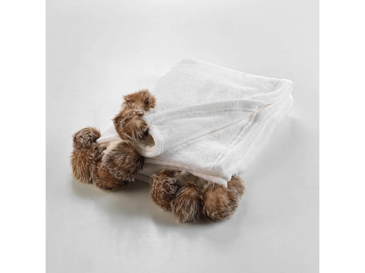 Plaid Flanelle Pompons "Snowy" 125x150cm Naturel