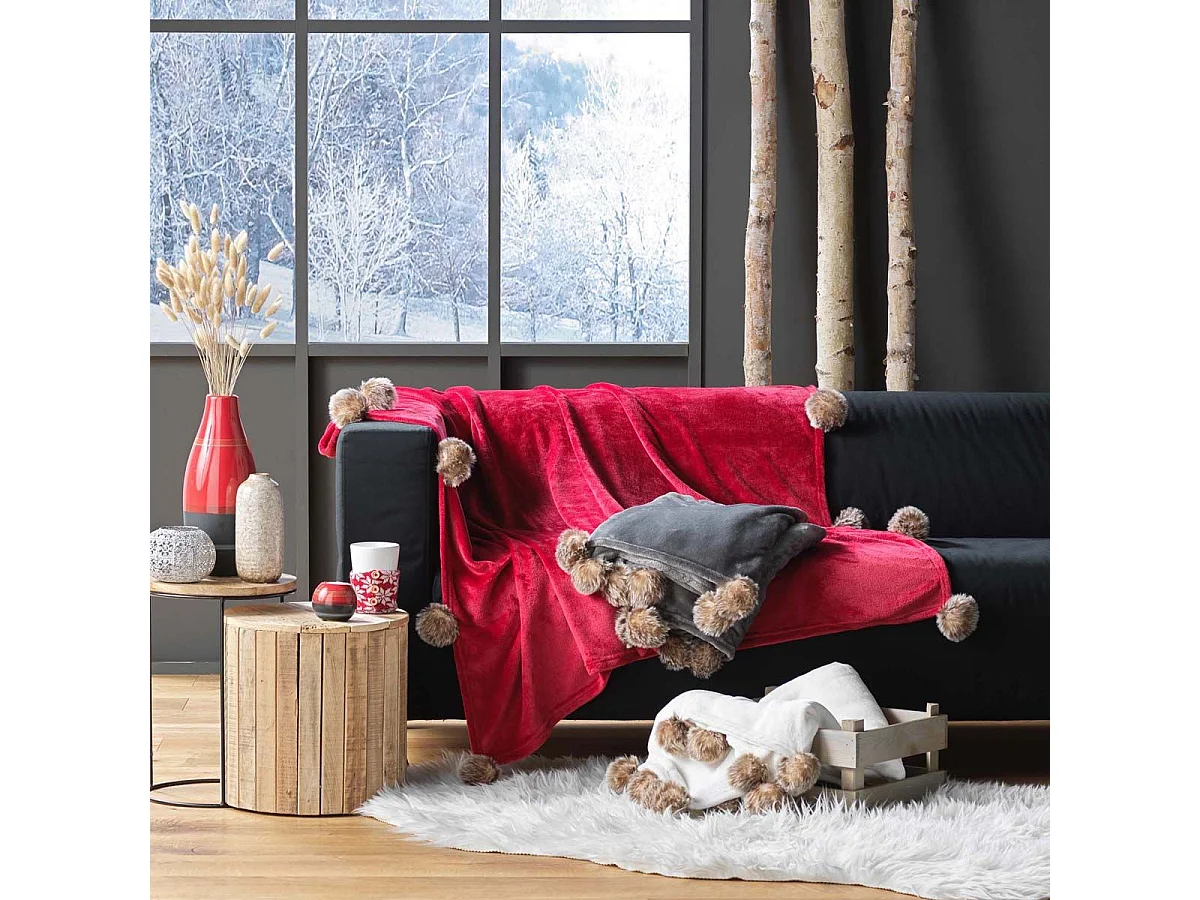 Plaid Flanelle Pompons "Snowy" 125x150cm Naturel