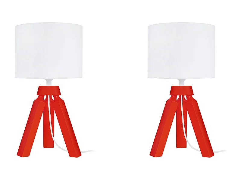 Pair de Lampes de chevet trépied bois  rouge 31 cm.
