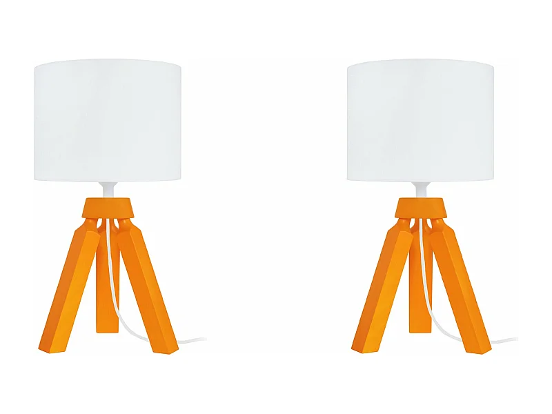 Pair de Lampes de chevet trépied bois  orange 31 cm.