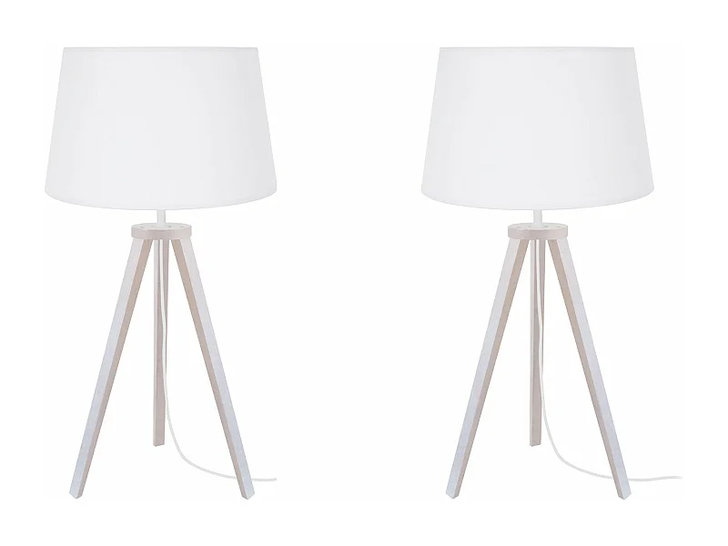 Pair de Lampes de chevet trépied bois  blanc 54 cm.