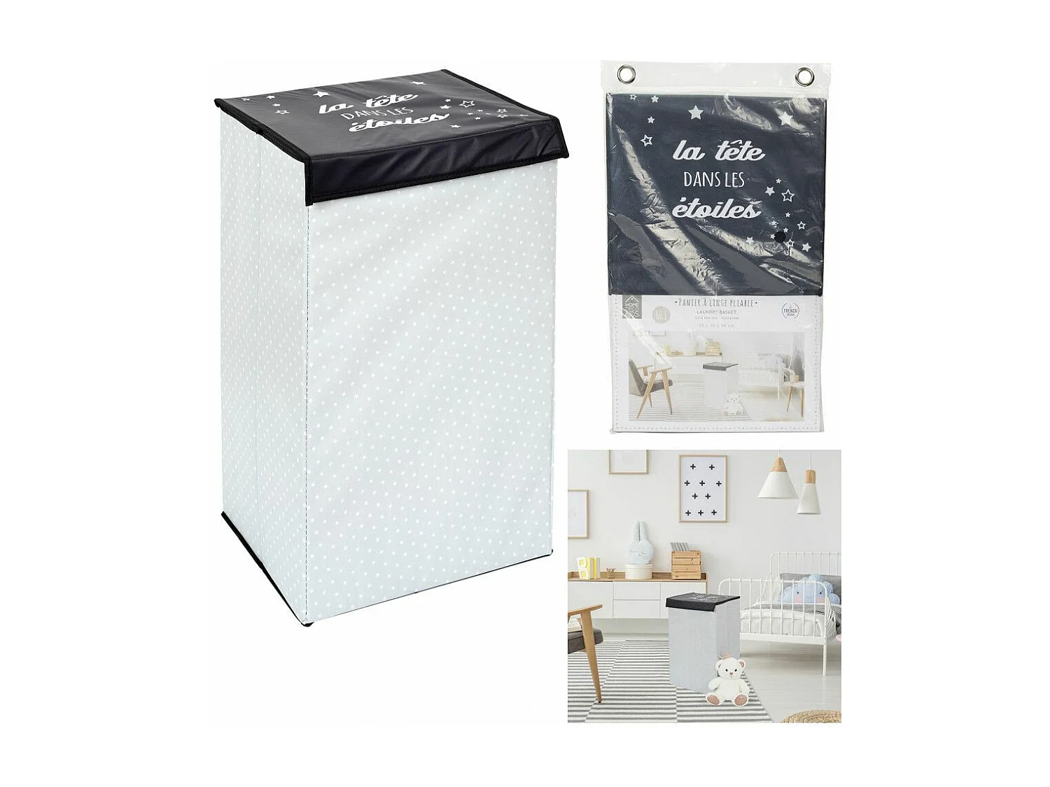 Panier à Linge Pliable "Garçon" 58cm Noir & Blanc