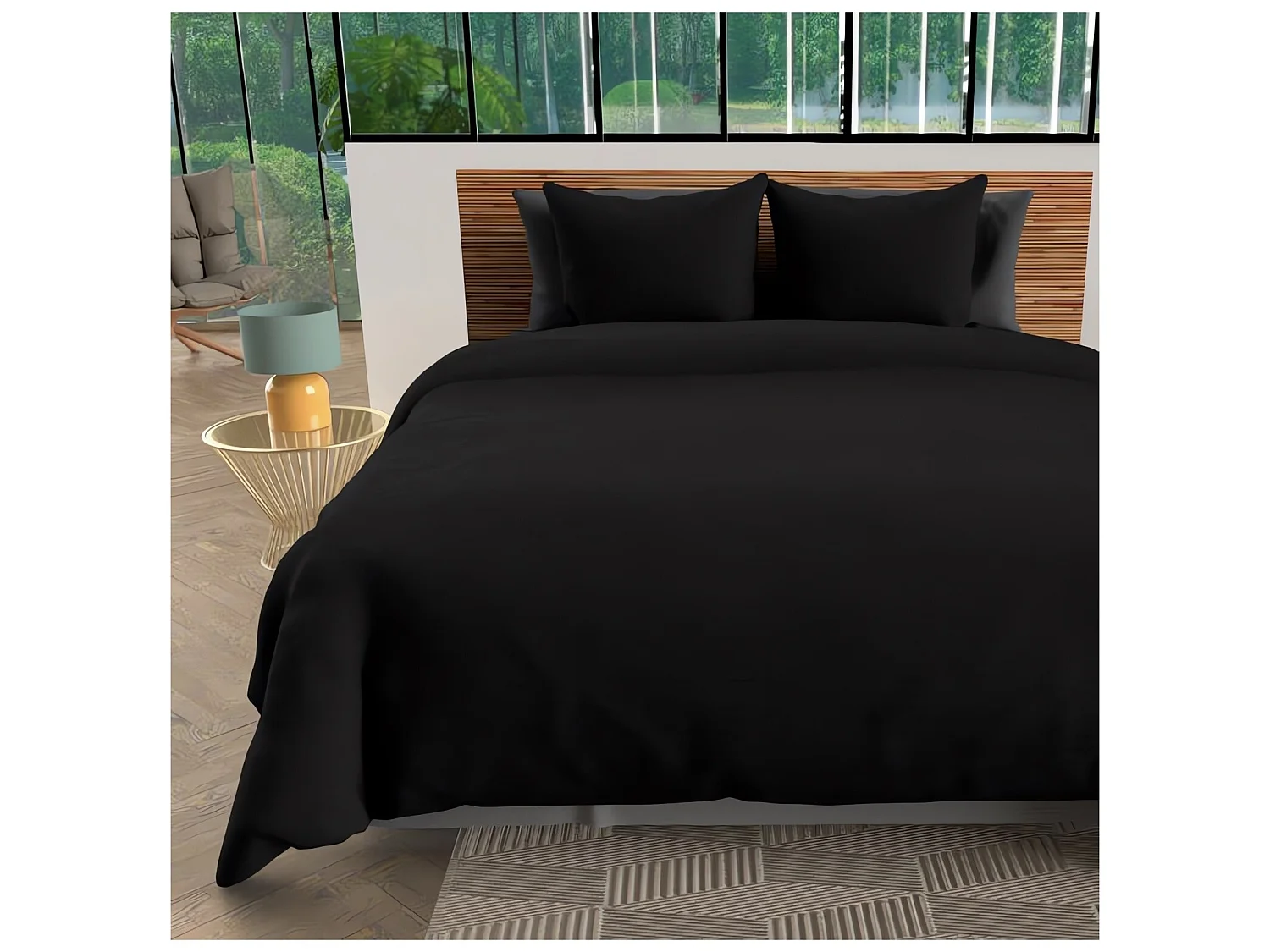 Housse de couette + 2 taies 240 x 260 cm microfibre lavee Intemporel noir