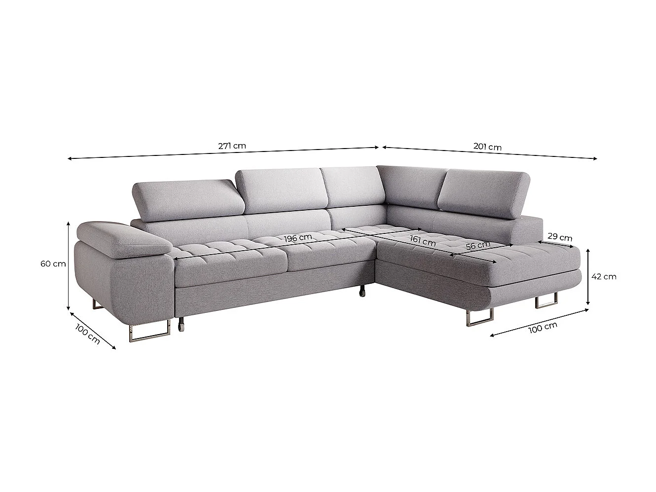 Canapé d'angle convertible droite 4 places Eden Gris