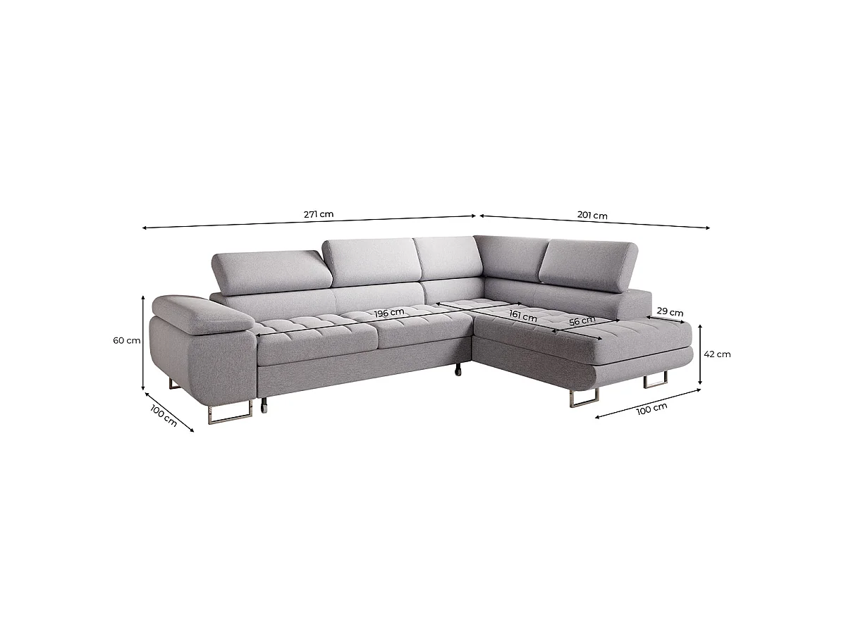 Canapé d'angle convertible 4 places en tissu gris EDEN