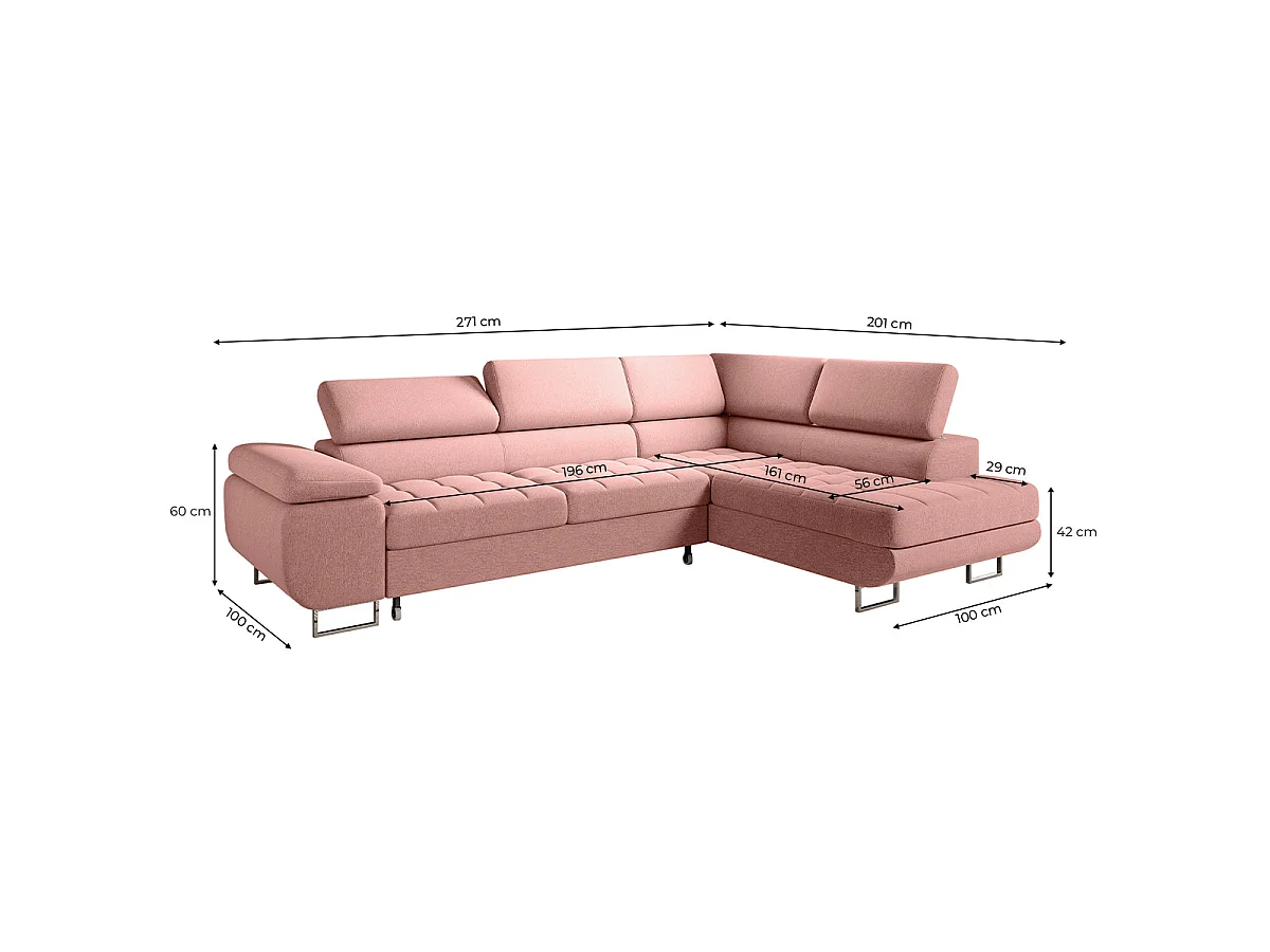Canapé d'angle convertible 4 places en tissu rose EDEN