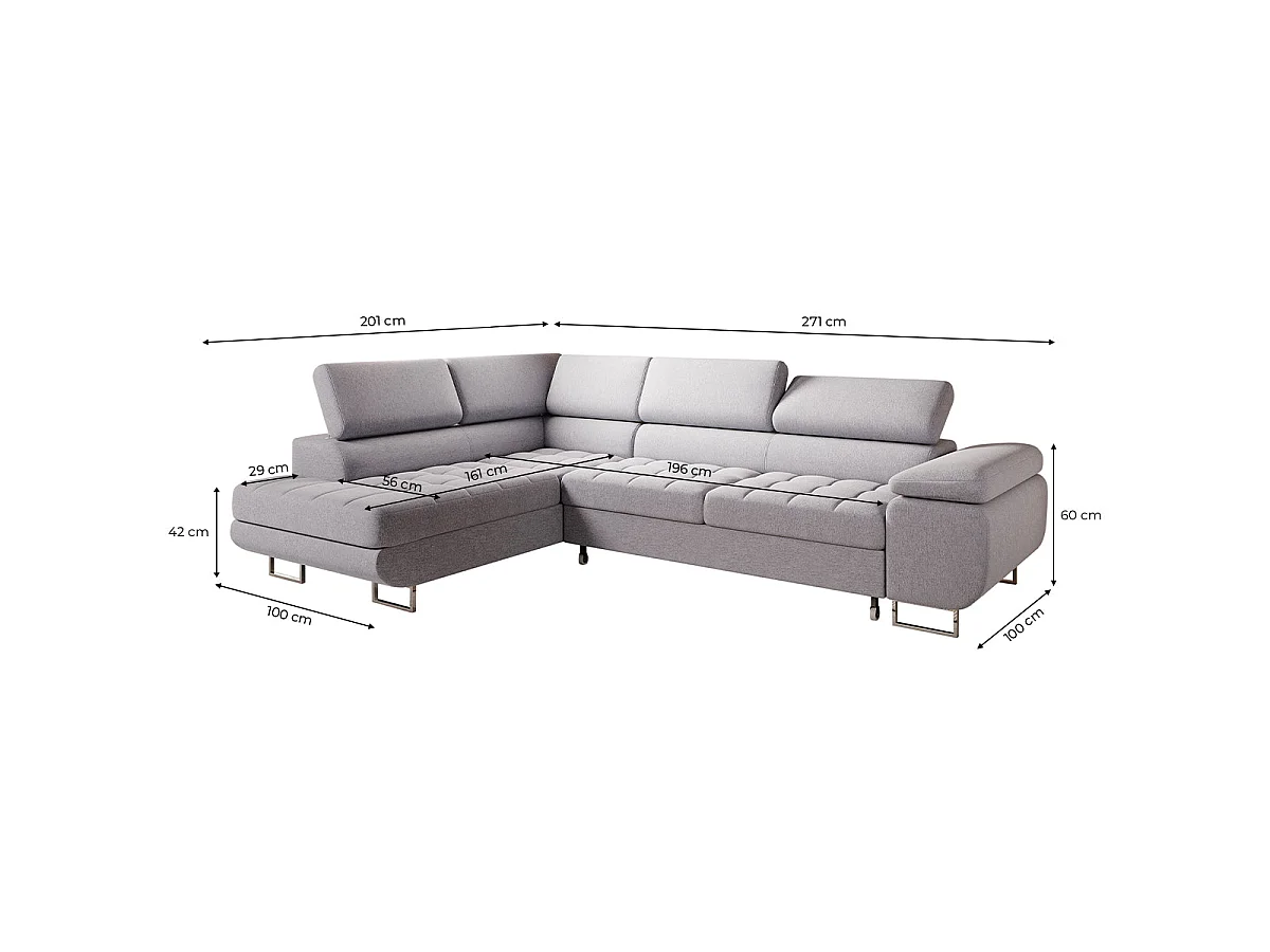 Canapé d'angle convertible 4 places en tissu gris EDEN