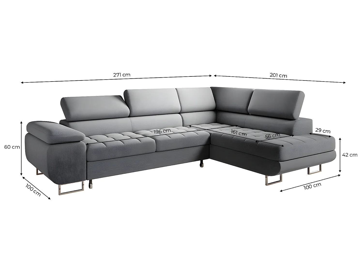 Canapé d'angle convertible droite 4 places Eden Gris anthracite