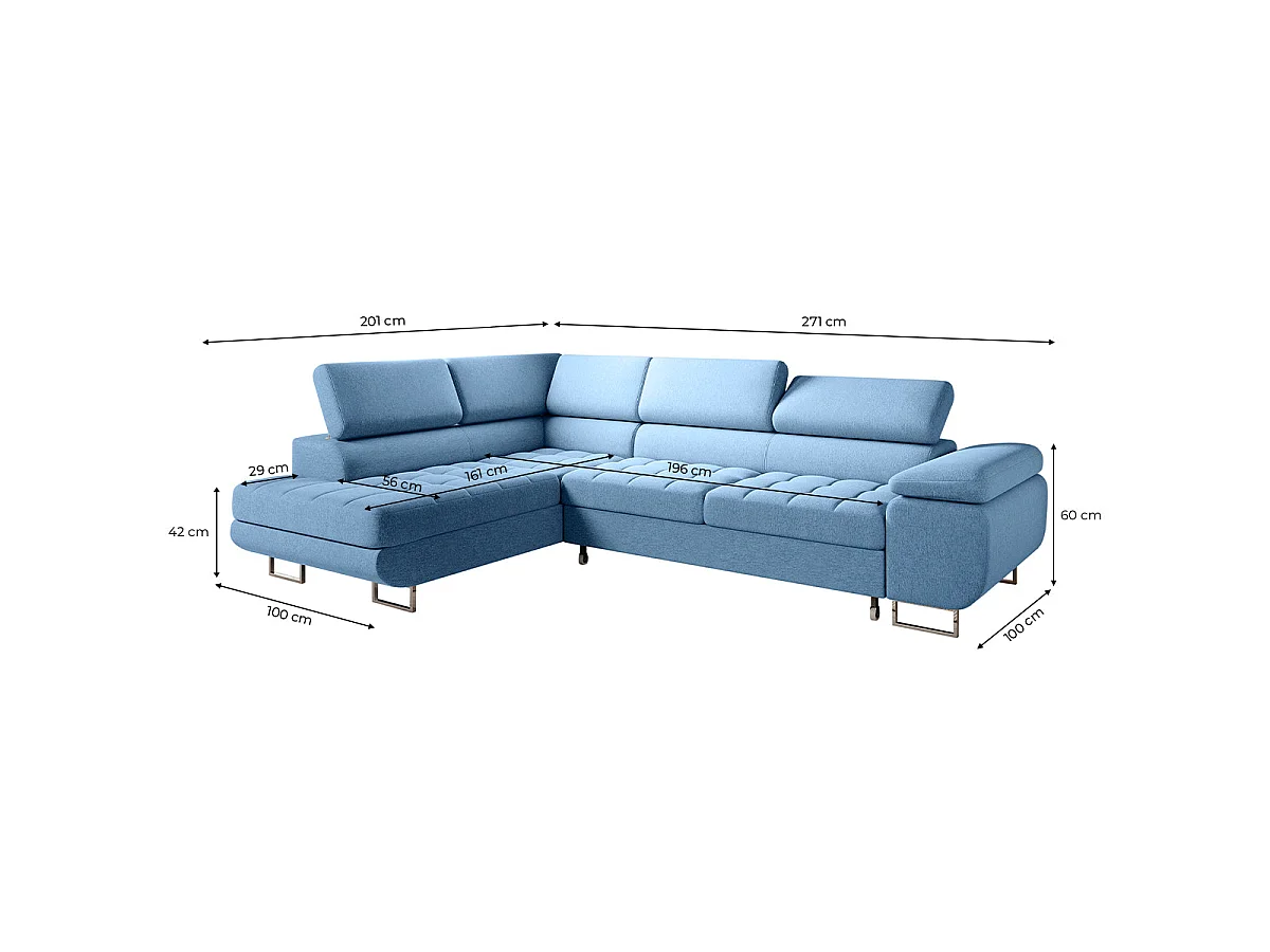Canapé d'angle convertible 4 places en tissu bleu EDEN