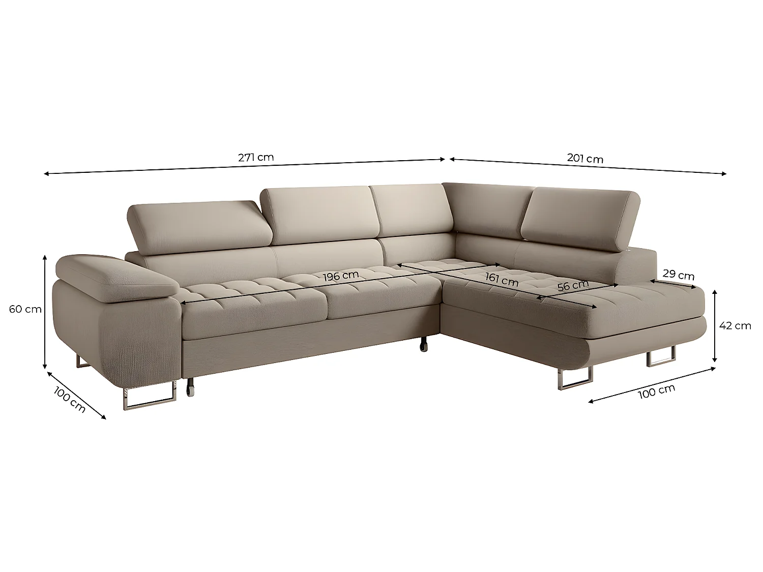 Canapé d'angle convertible droite 4 places Eden Taupe