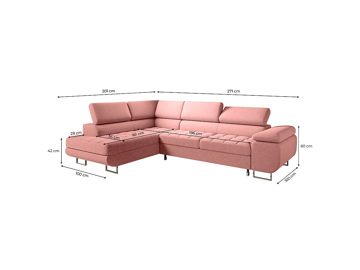 Canapé d'angle convertible 4 places en tissu rose EDEN