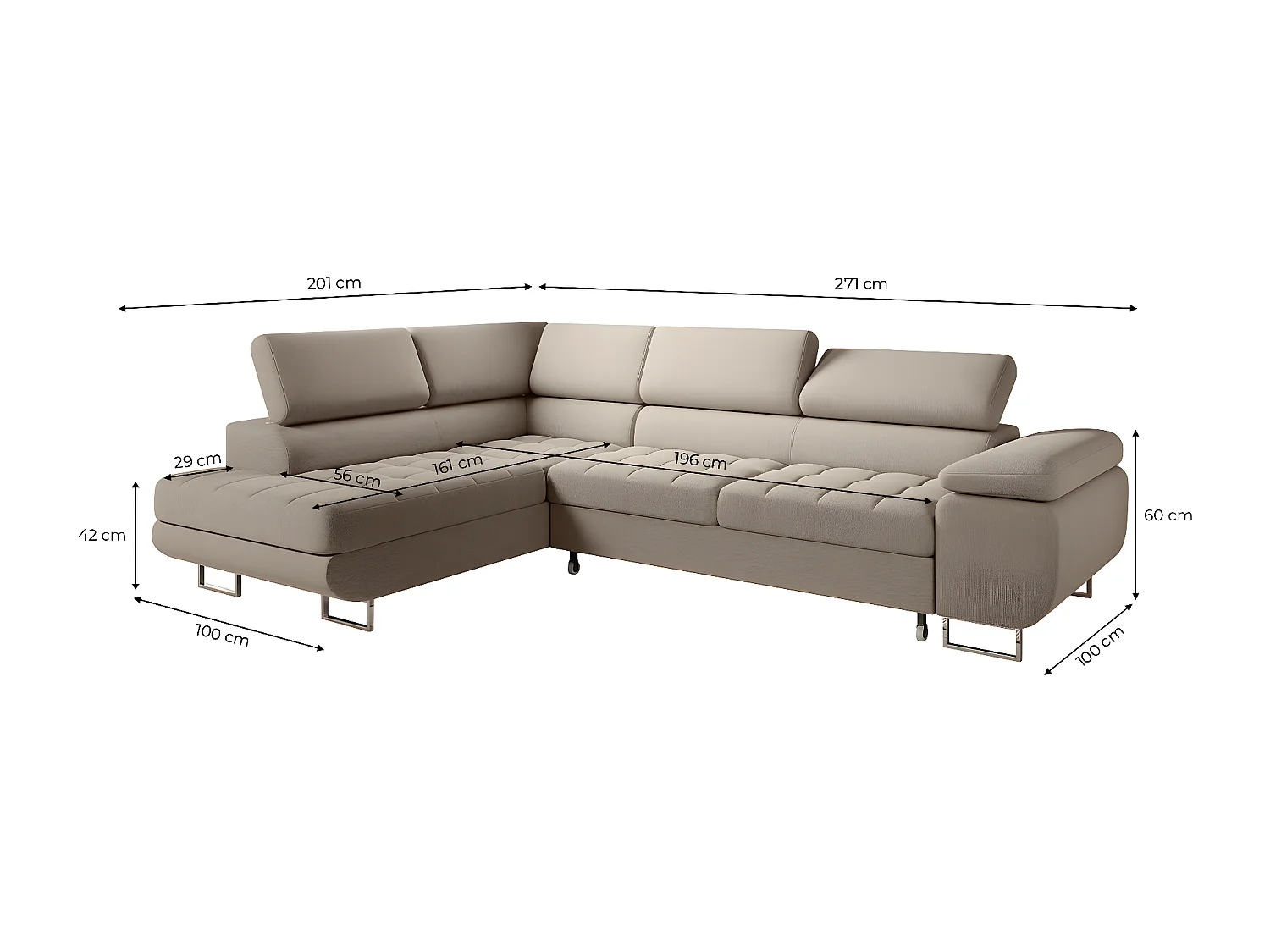 Canapé d'angle convertible gauche 4 places Eden Taupe