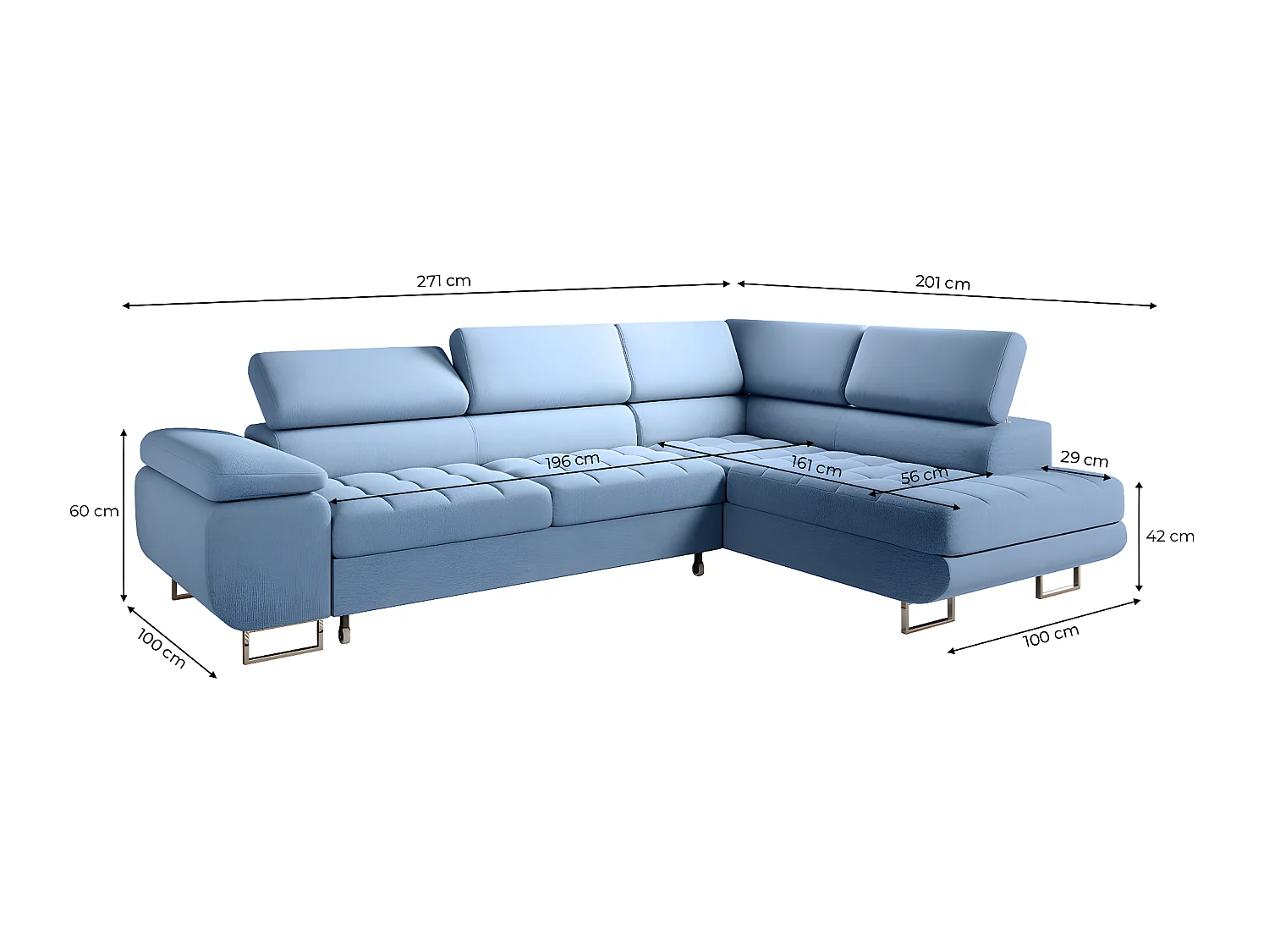 Canapé d'angle convertible droite 4 places Eden Bleu