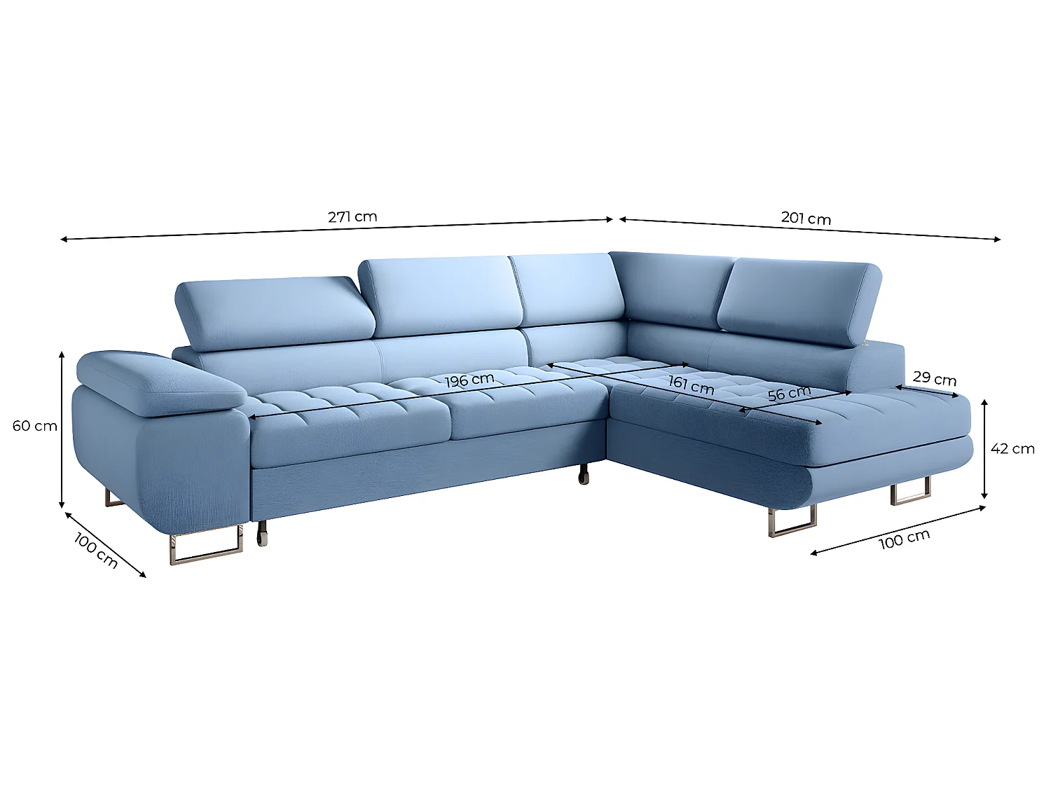 Canapé d'angle convertible droite 4 places Eden Bleu