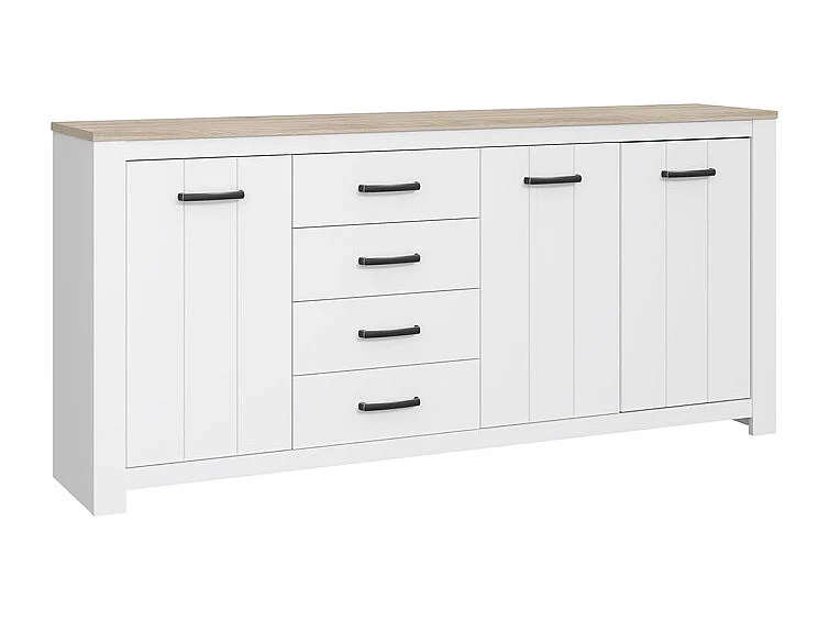 Buffet 206 cm 3 portes 4 tiroirs blanc mat décor bois clair - LEANE