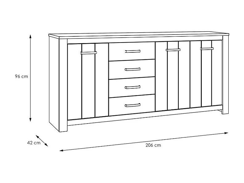 Buffet 206 cm 3 portes 4 tiroirs blanc mat décor bois clair - LEANE