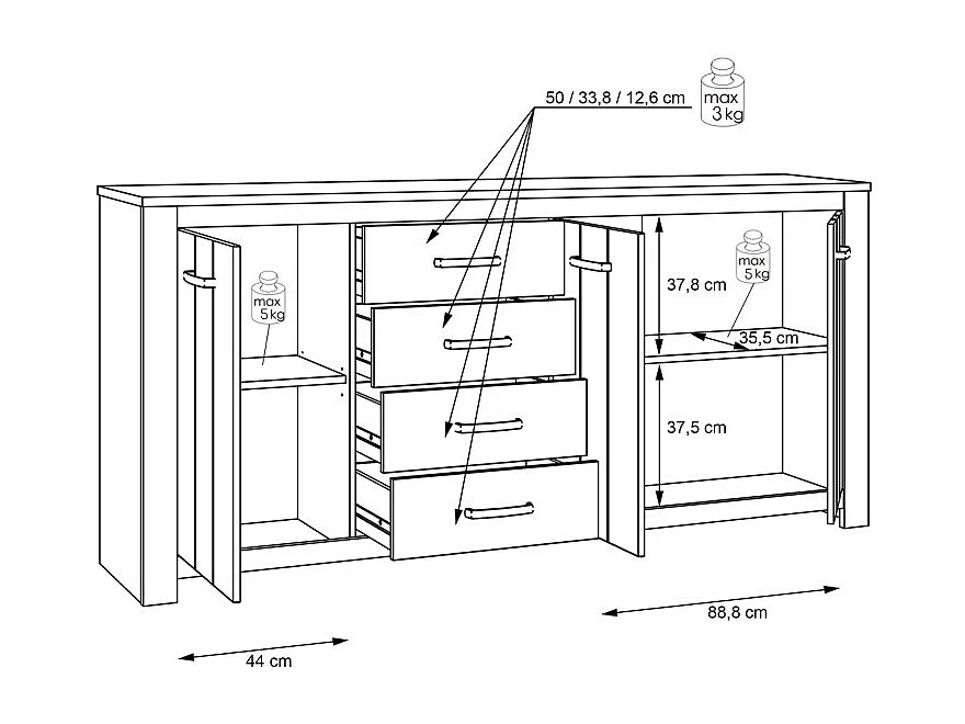Buffet 206 cm 3 portes 4 tiroirs blanc mat décor bois clair - LEANE