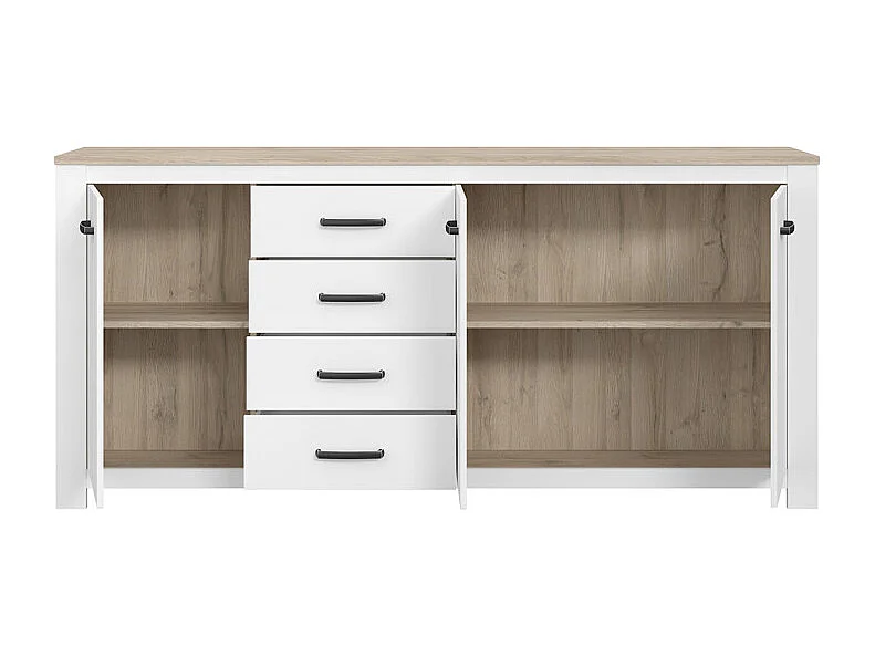 Buffet 206 cm 3 portes 4 tiroirs blanc mat décor bois clair - LEANE