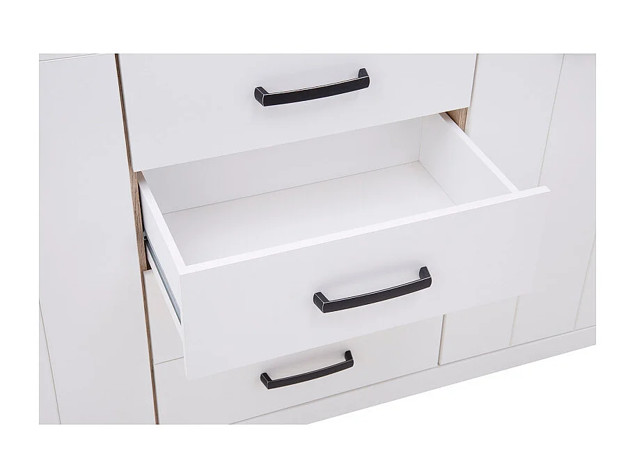 Buffet 206 cm 3 portes 4 tiroirs blanc mat décor bois clair - LEANE