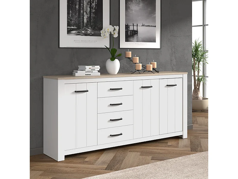 Buffet 206 cm 3 portes 4 tiroirs blanc mat décor bois clair - LEANE