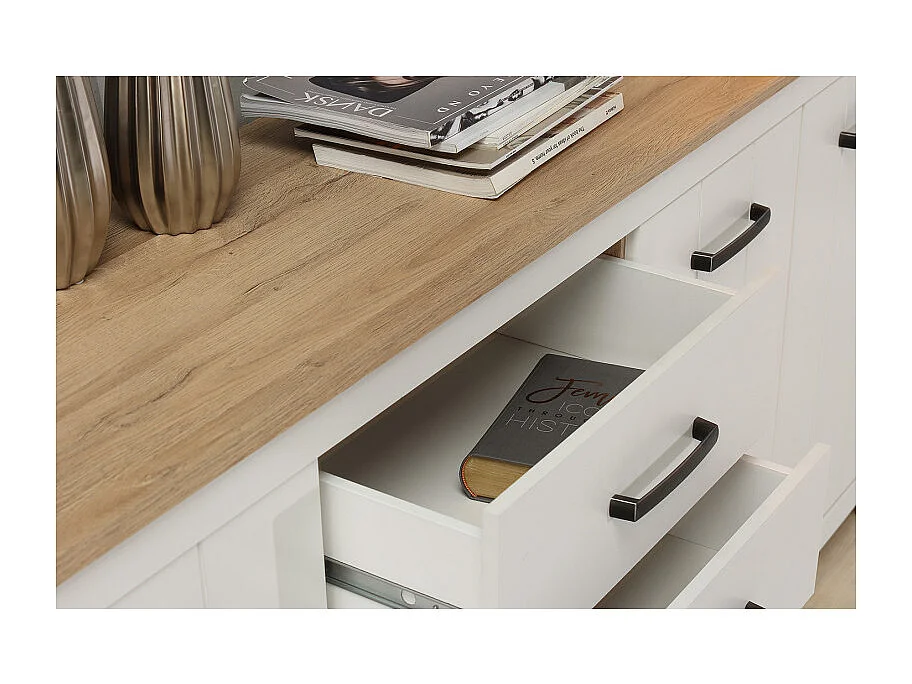 Buffet 206 cm 3 portes 4 tiroirs blanc mat décor bois clair - LEANE