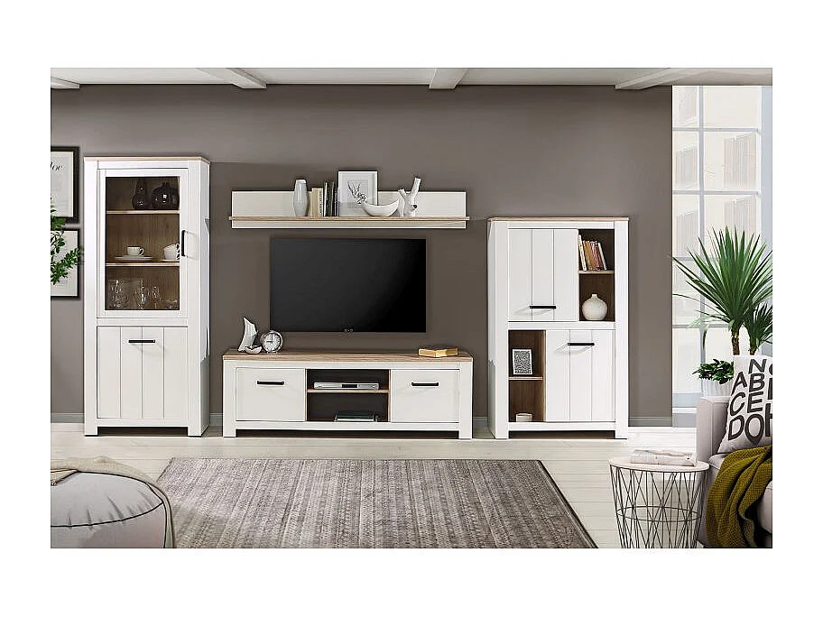 Etagère murale 160 cm blanc mat et décor bois clair - LEANE